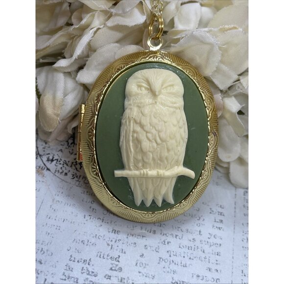 Ylw Gold Photo Locket Necklace Birthday Gift Green Owl Barn Tree Hoot Fall Mom - Picture 5 of 10